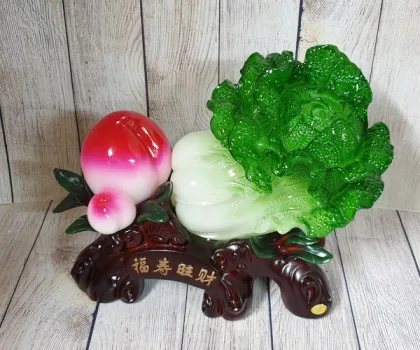 Bắp cải xanh lớn bên đào tiên đỏ đế gỗ - Phước Thọ Vượng Tài LN073