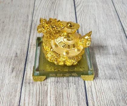 Thần rùa đầu rồng vàng bóng mai cõng bát quái trên đống tiền vàng đế gỗ - Kim Quy Chiêu Tài LN163