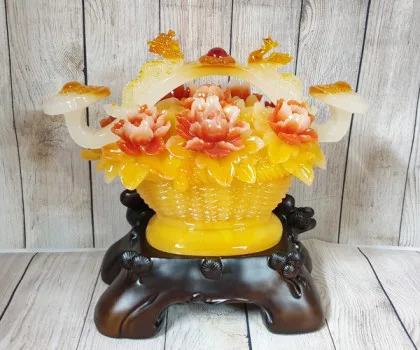 Giỏ mẫu đơn vàng ngọc hoa đỏ có gậy như ý hồng châu và long phụng - Như Ý Phú Quý LN210